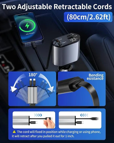 Car charger with adjustable retractable cords displayed in a car interior.