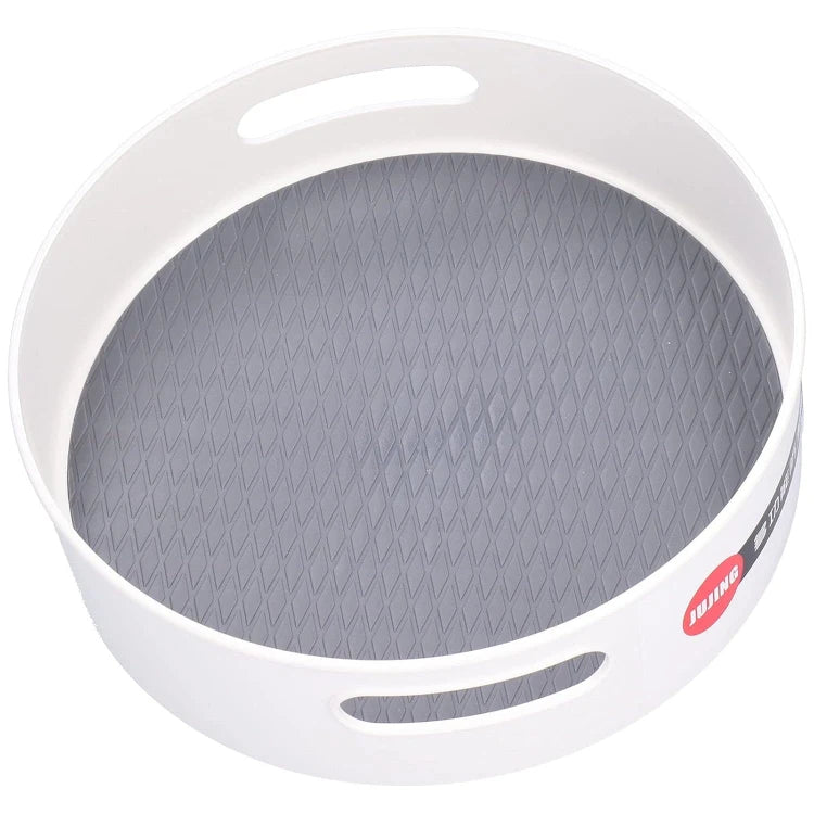 White pan with gray non-stick surface on a white background