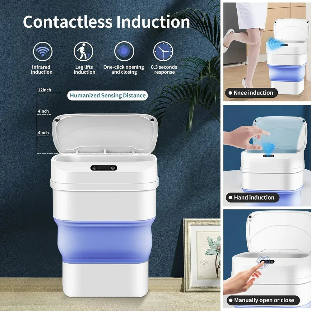 Hand waving over a smart trash can lid to trigger the automatic opening mechanism in a modern kitchen setting.