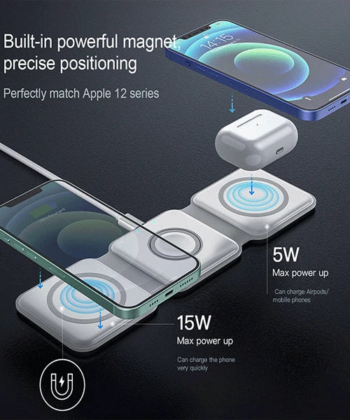 Wireless charging pad with smartphone and AirPods on a dark background