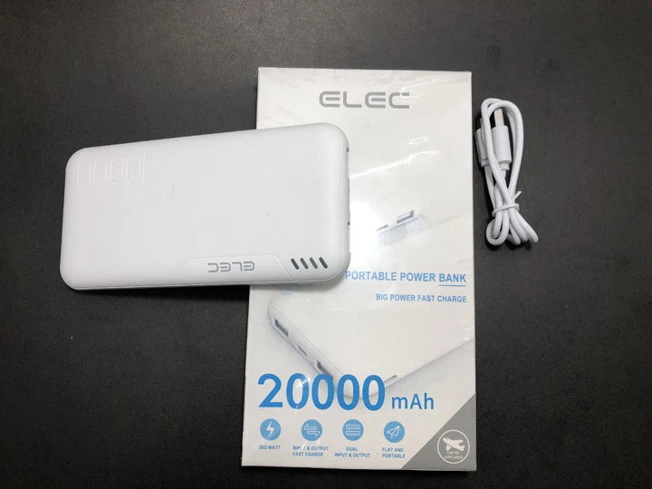 ELEC portable power bank with 20000 mAh capacity on a dark surface