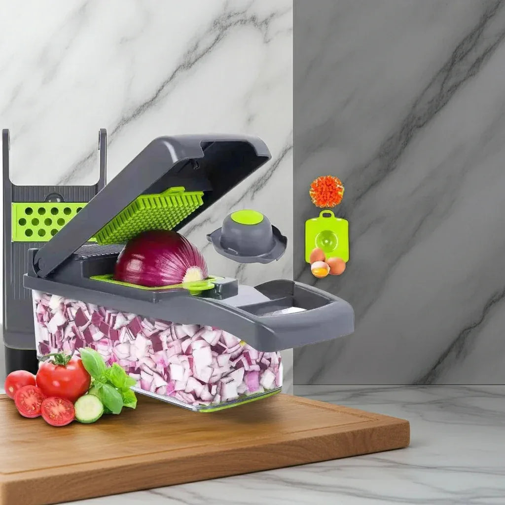 Vegetable chopper with chopped vegetables on a kitchen counter