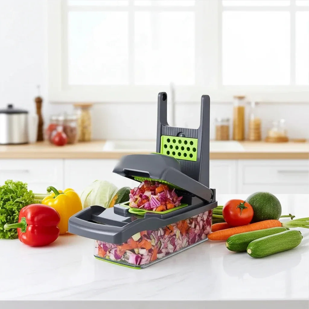 Vegetable chopper with chopped vegetables on a kitchen counter