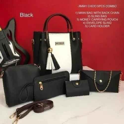 5 - Piece Luxury Handbag Combo Set – Main Bag, Sling, Pouch & Card Holder | Black | COD in Pakistan - SMARTONLINEMART