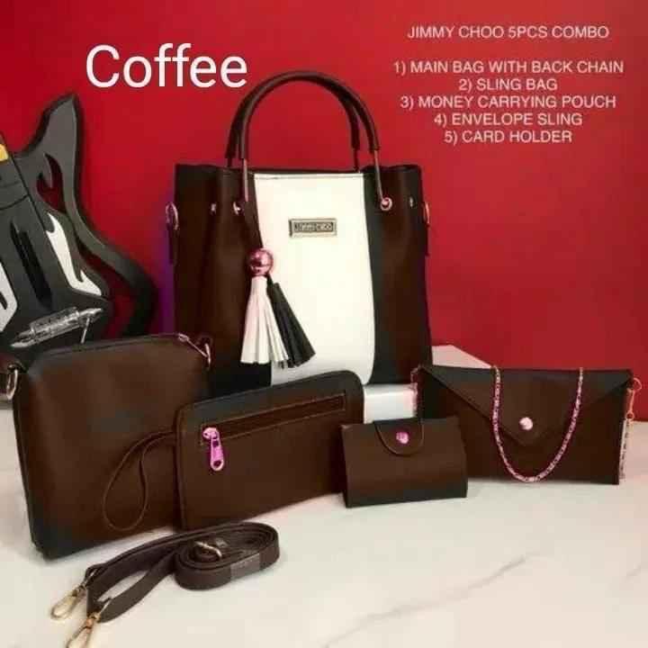 5 - Piece Luxury Handbag Combo Set – Main Bag, Sling, Pouch & Card Holder | Black | COD in Pakistan - SMARTONLINEMART