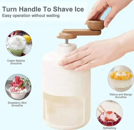 Ice cream shaver with hand operation and images of ice cream flavors.