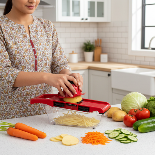 Woman using 10-in-1 mandoline vegetable slicer on a kitchen counter with fresh colorful vegetables