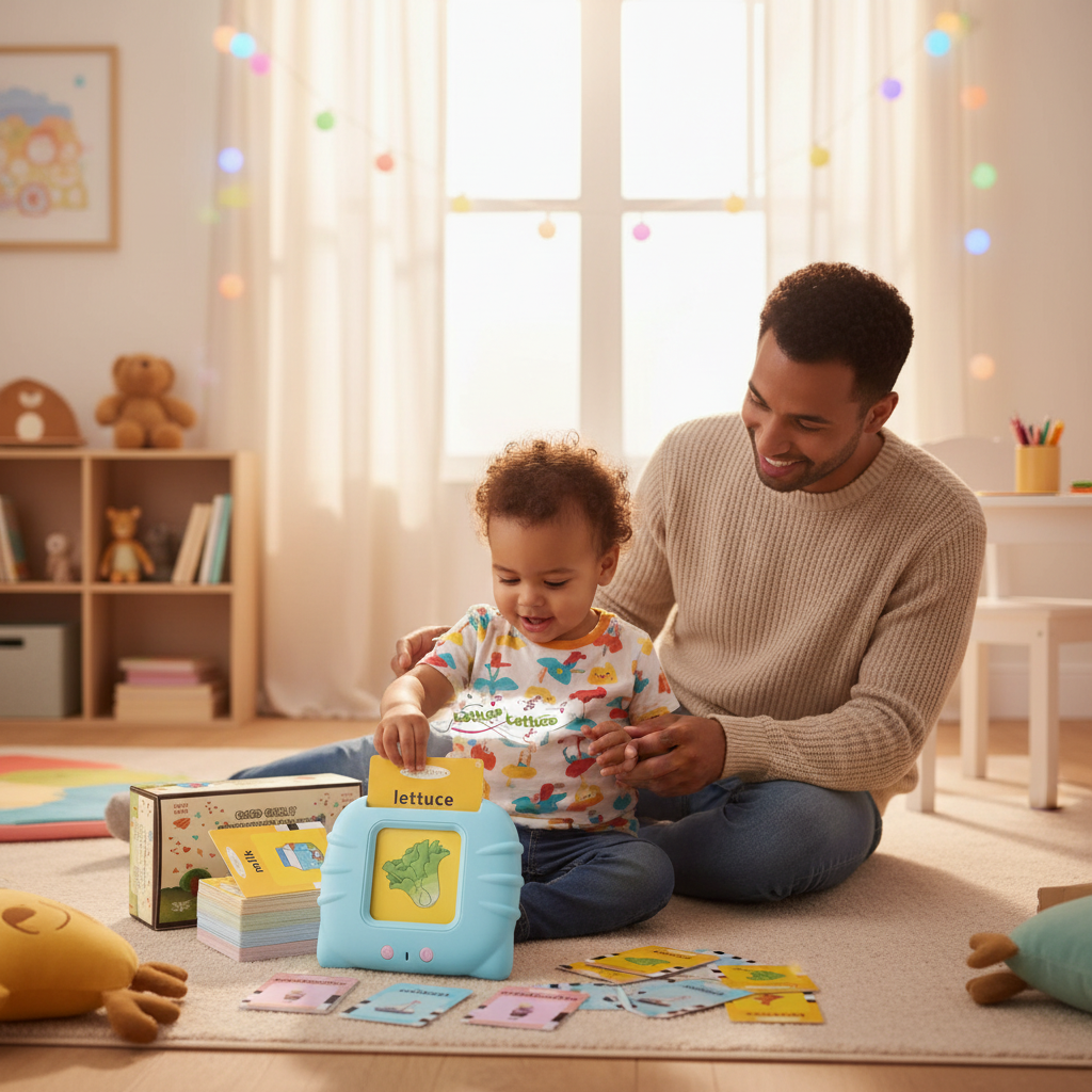 Toddler using electronic talking flash cards with a parent in a cozy home learning setting