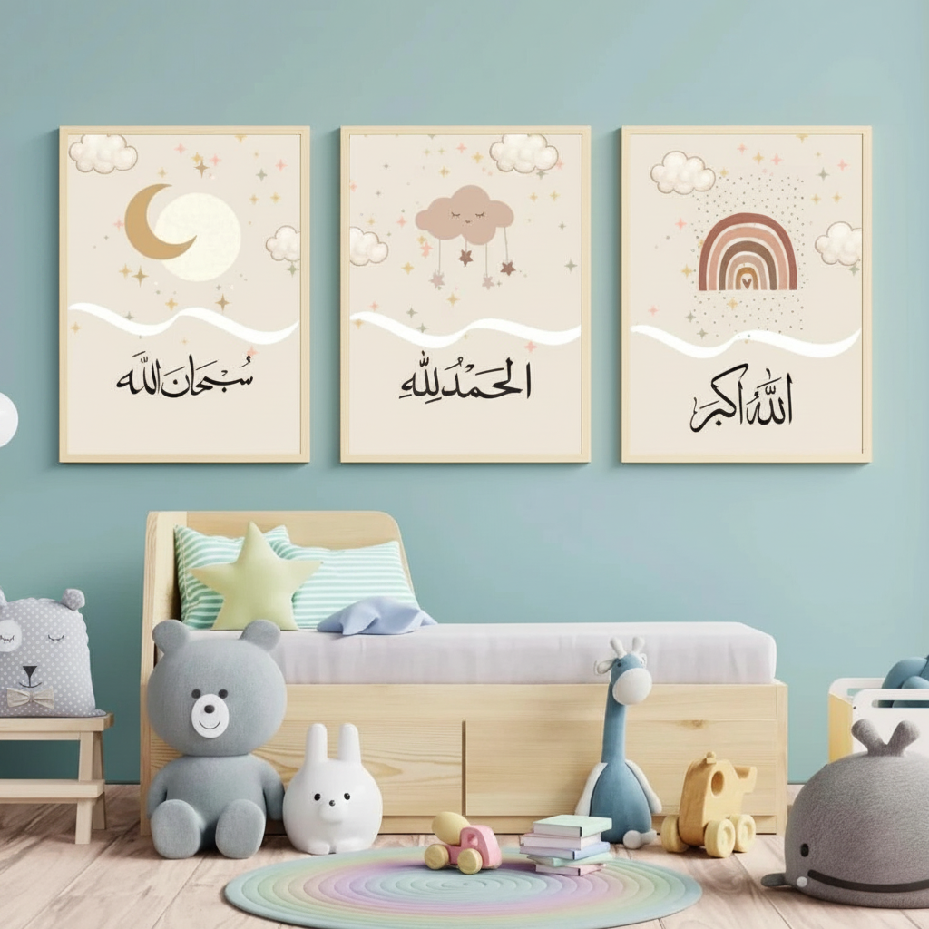 Islamic baby nursery wall art set hung on a pastel wall in a beautifully decorated baby nursery room