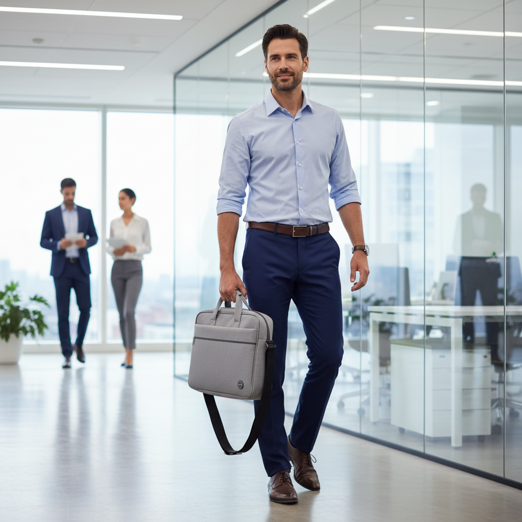 Professional man carrying grey laptop shoulder bag walking through a modern office building