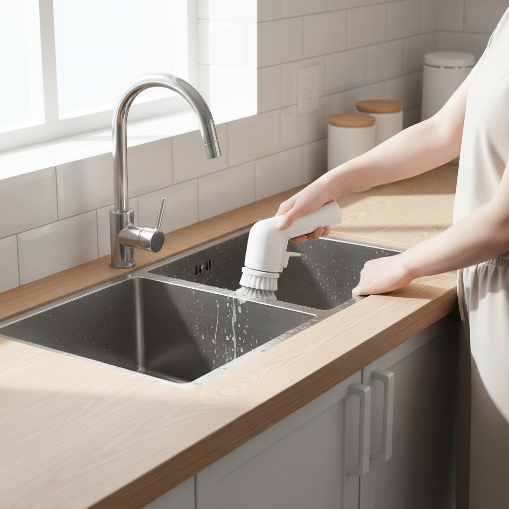 Cordless electric spin scrubber being used to clean a kitchen sink in a bright modern kitchen