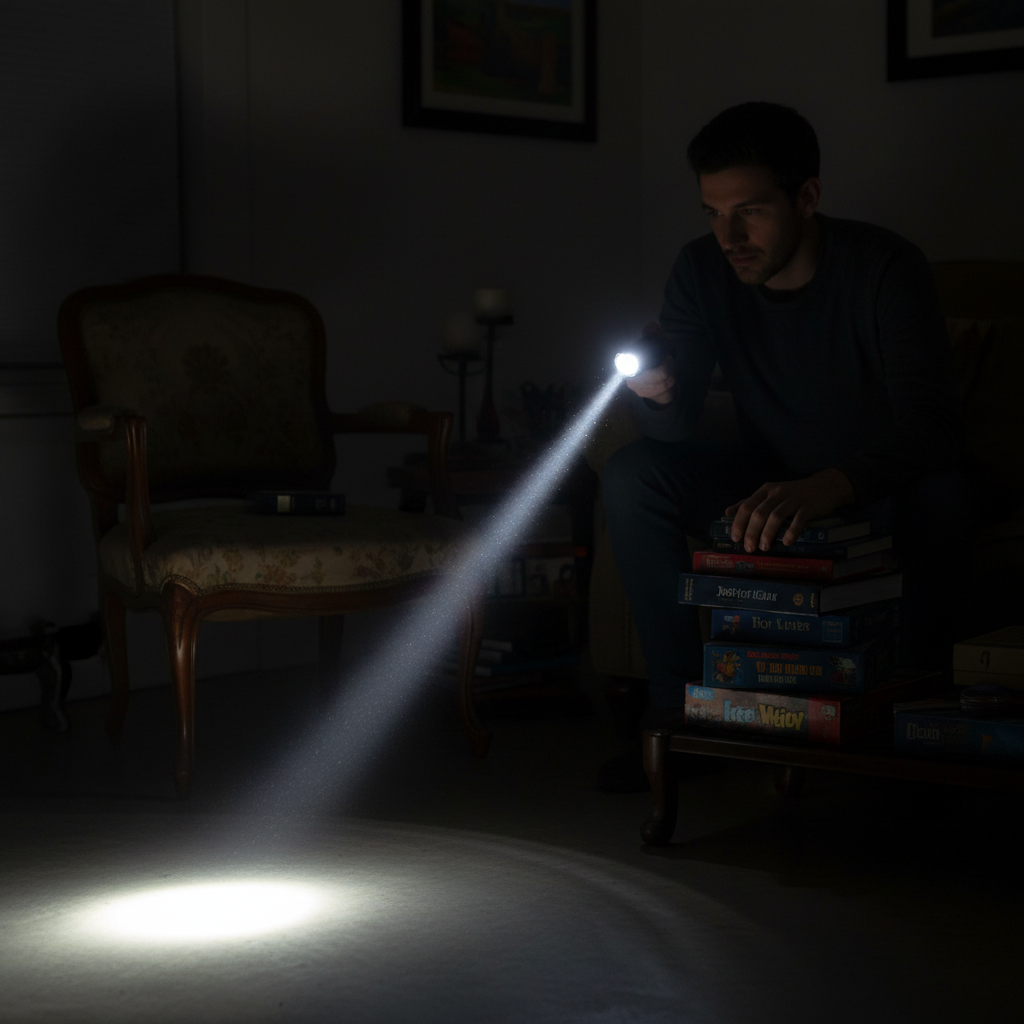 Person holding rechargeable LED mini flashlight illuminating a dark room during a power outage