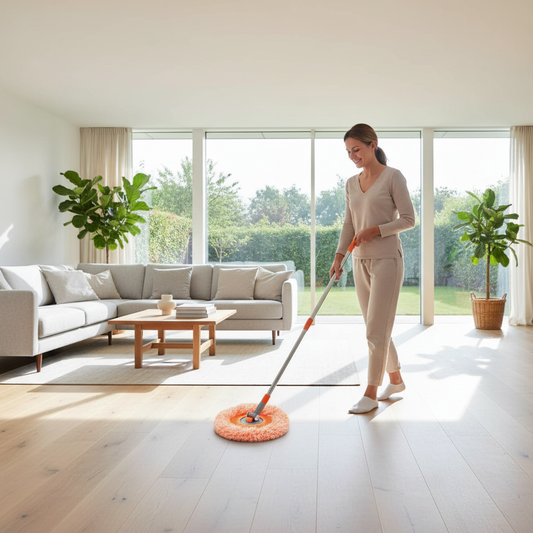 Woman cleaning a bright open plan living room floor with 360° rotating microfiber mop