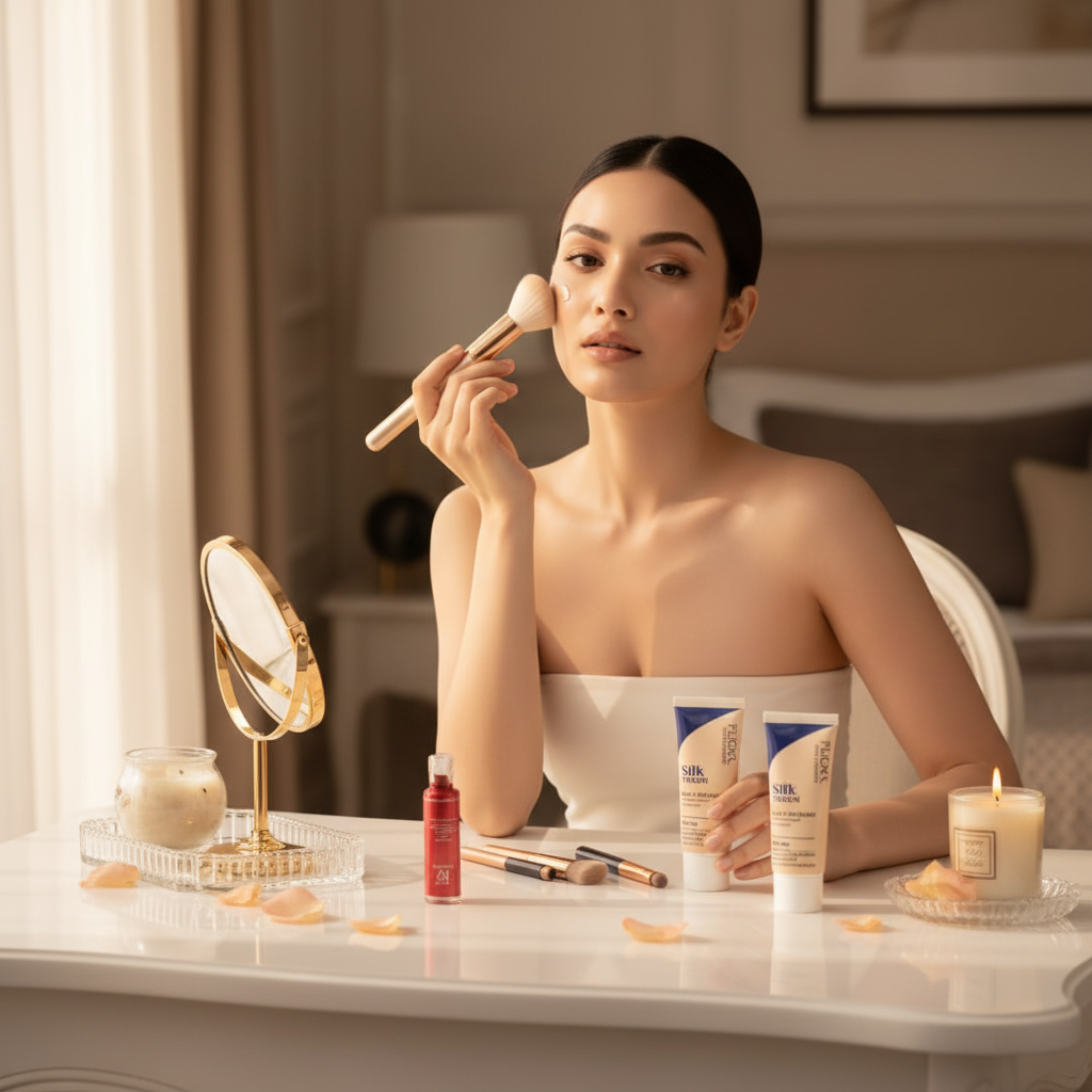 Woman applying foundation with brush from Flicka Makeup Combo on a vanity table with elegant lighting