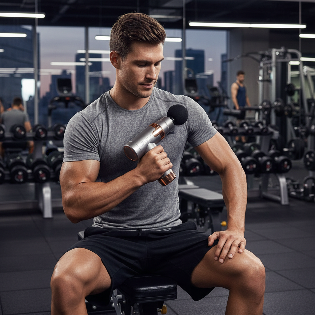 Man using JY-760 smart fascia massager on his shoulder muscles after a workout in a modern gym