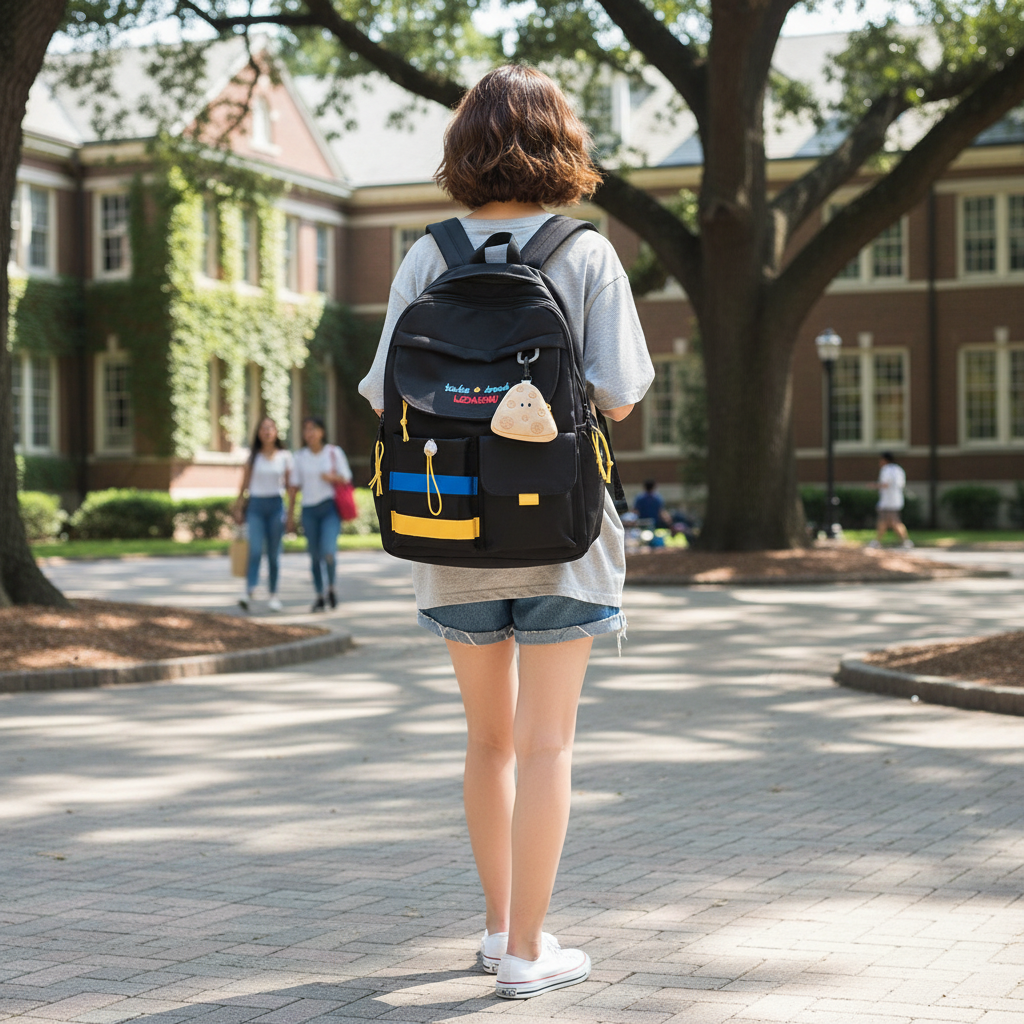 Young student wearing trendy black striped backpack walking on a university campus