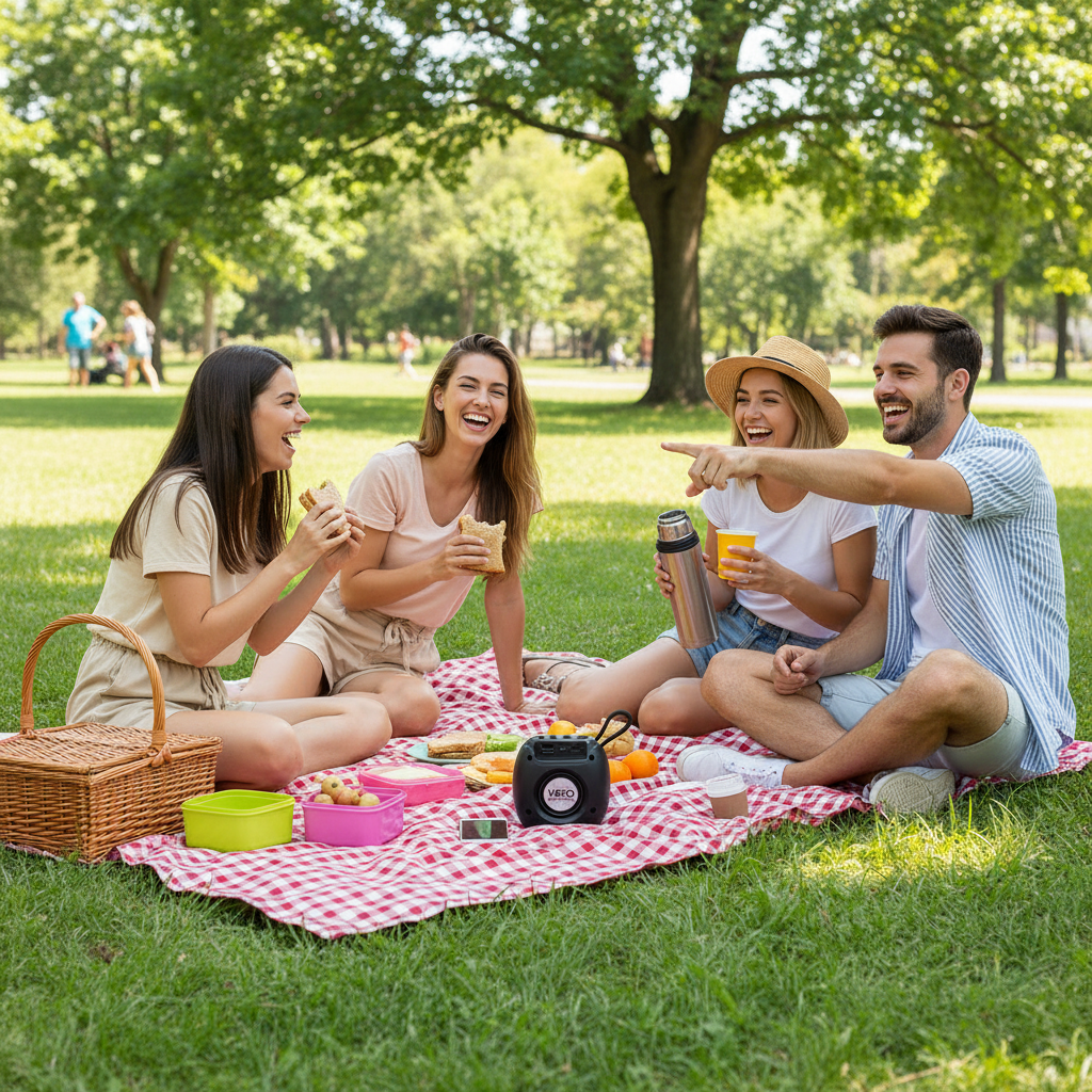 VIZO Blaster portable Bluetooth speaker on an outdoor picnic setup with friends in a sunny park