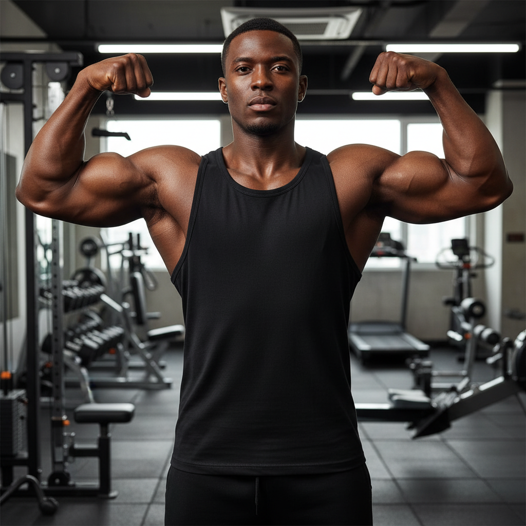 Fit man wearing black workout tank top in a gym with equipment in the background