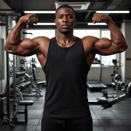 Fit man wearing black workout tank top in a gym with equipment in the background