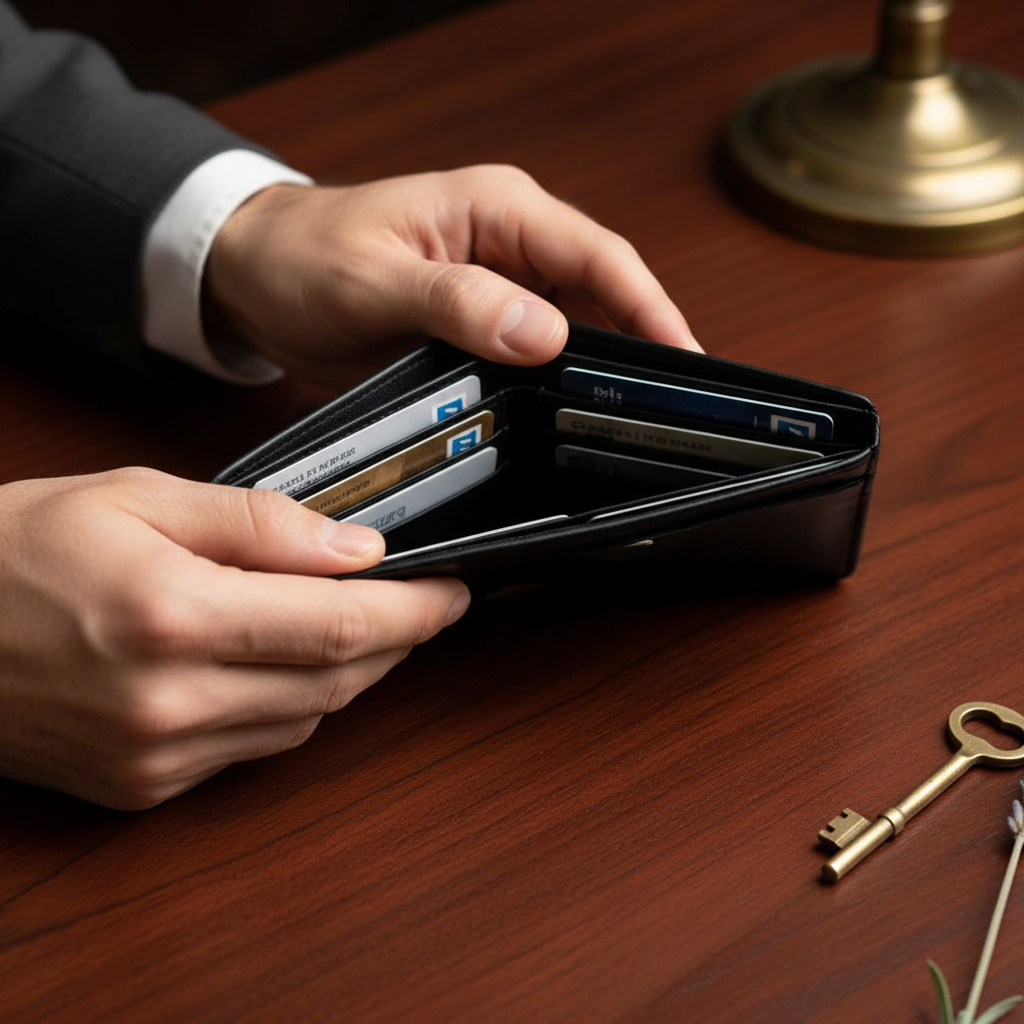 Premium leather button wallet held open showing cards on a dark wooden surface