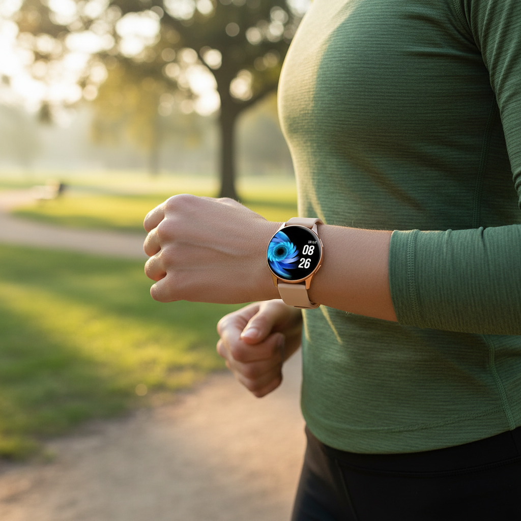 Woman wearing Active 2 fitness tracker smartwatch during a morning jog in a green park