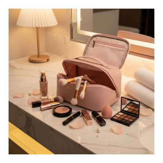 Large leather travel cosmetic bag open on a hotel bathroom counter with makeup products