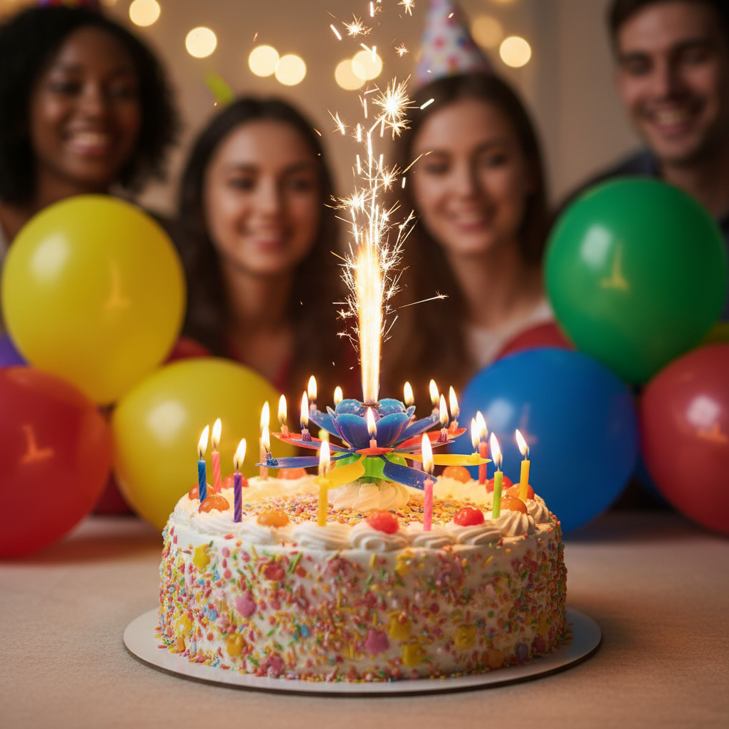 Melody birthday candle lit and spinning on a decorated birthday cake at a joyful party with balloons