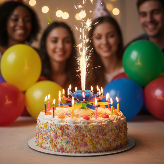 Melody birthday candle lit and spinning on a decorated birthday cake at a joyful party with balloons