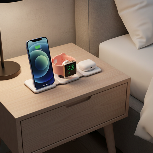 3-in-1 magnetic wireless charging station on a modern bedside table charging iPhone, AirPods and smartwatch