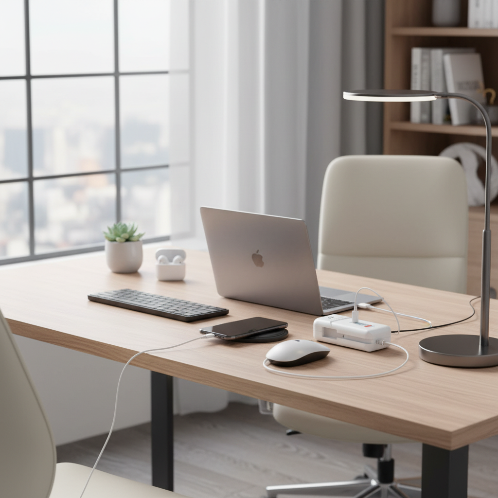 PD 66W USB fast charger plugged into wall socket charging multiple devices on a home office desk