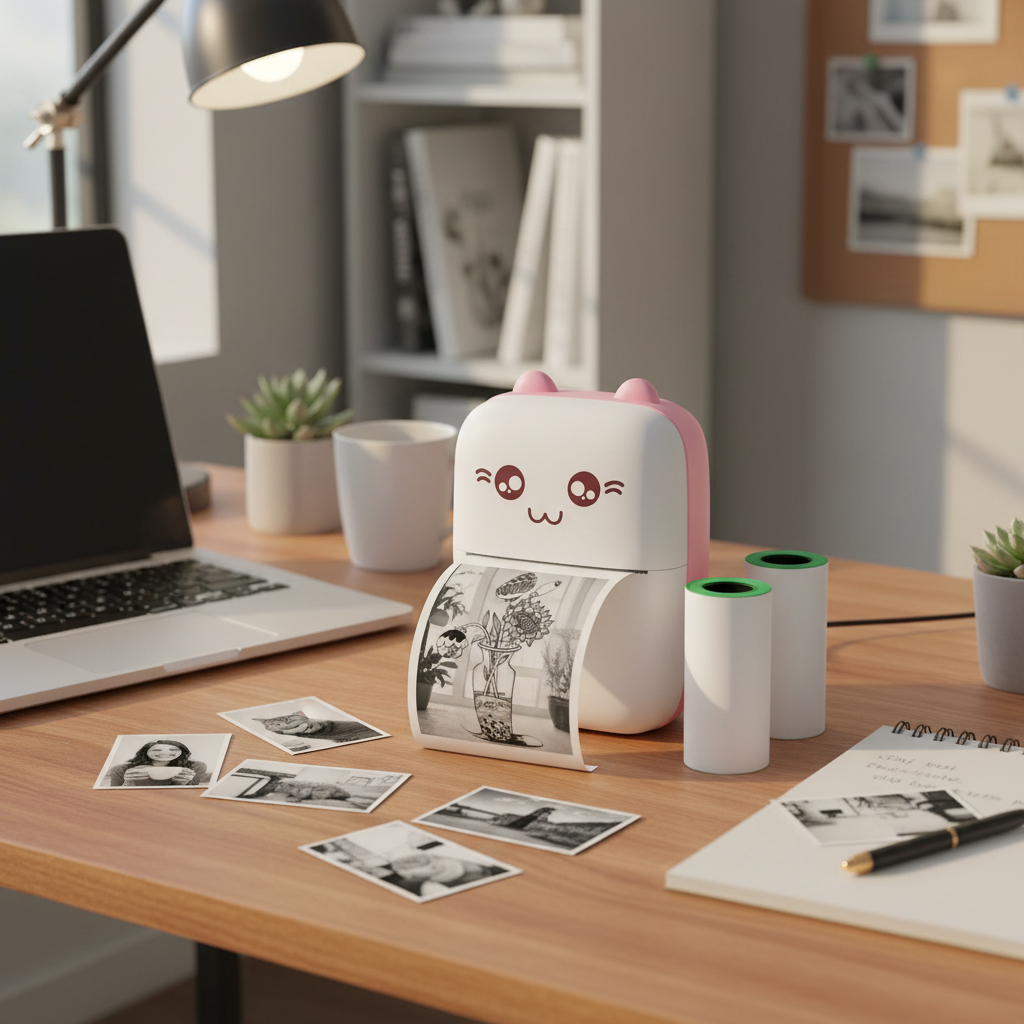 Mini wireless Bluetooth thermal printer printing photos on a home office desk with printed photos around