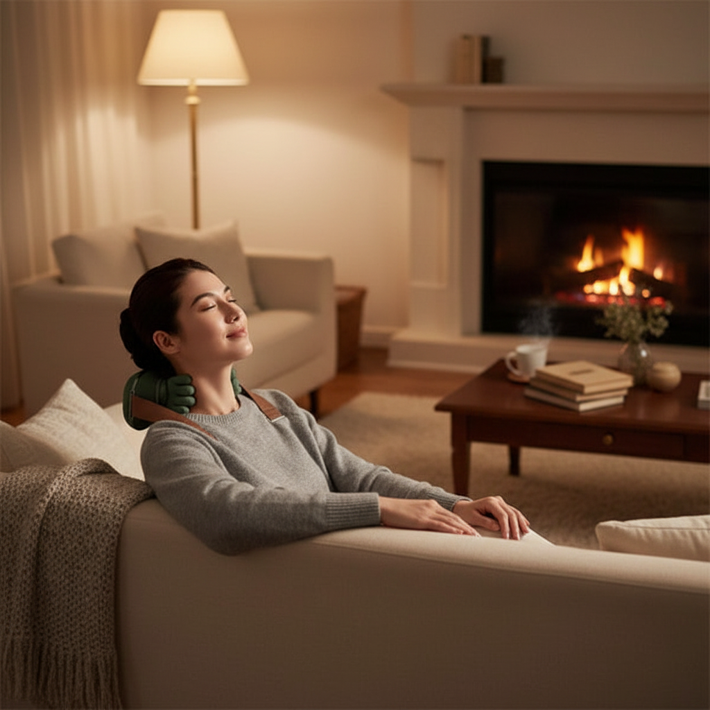 Person relaxing on a sofa using smart finger pressure neck massager at home