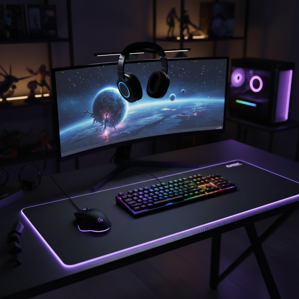 GB1 wireless mechanical gaming keyboard on a full RGB gaming desk setup with monitor and headphones