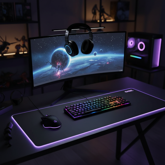 GB1 wireless mechanical gaming keyboard on a full RGB gaming desk setup with monitor and headphones