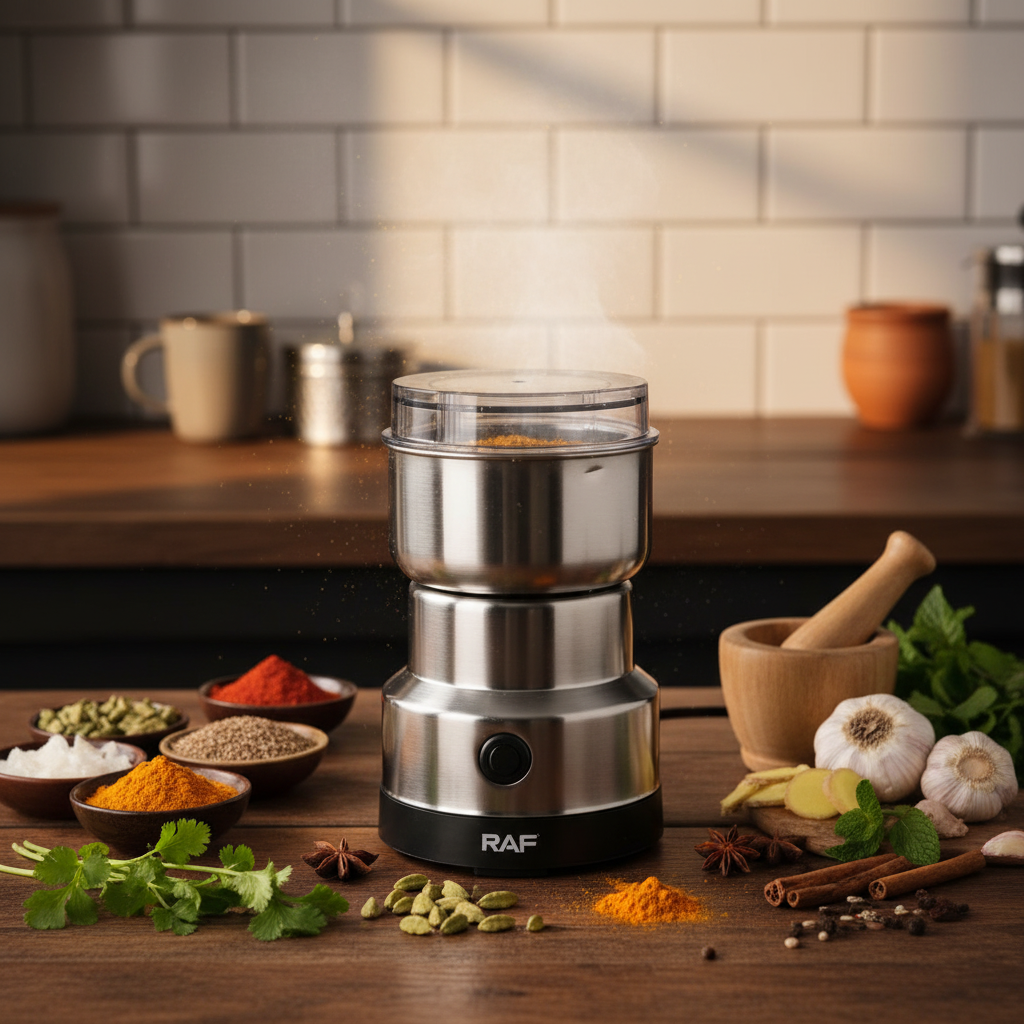 RAF electric grinder on a kitchen counter grinding fresh spices in a warm Pakistani kitchen