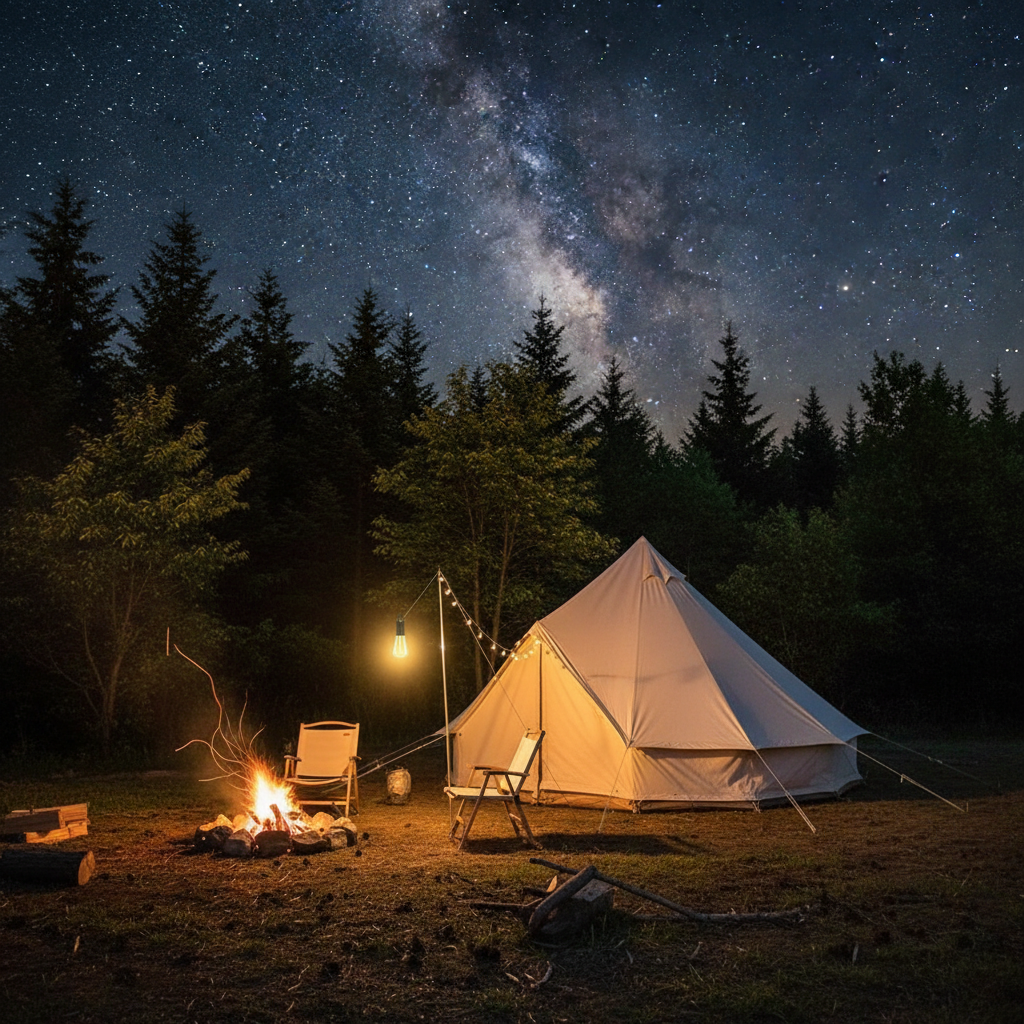 Portable LED camping lantern glowing at a nighttime campsite with tent and trees