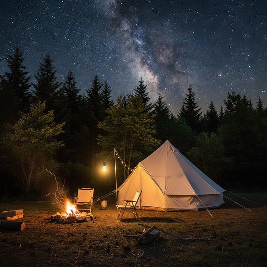 Portable LED camping lantern glowing at a nighttime campsite with tent and trees