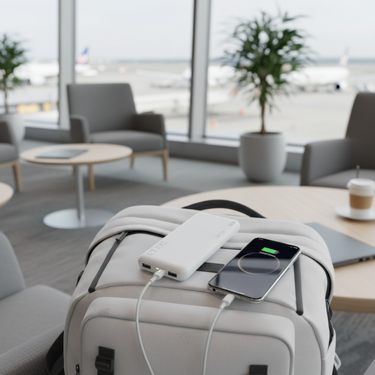 Elec 20000mAh power bank charging a smartphone on a travel bag at an airport lounge