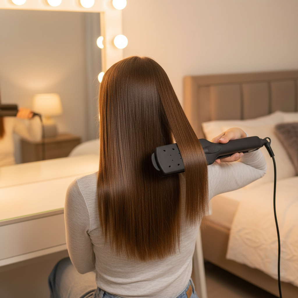 Woman straightening her hair with Visage hair straightener in front of a vanity mirror