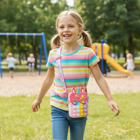 Young girl carrying unicorn pop fidget crossbody bag at a school or park setting