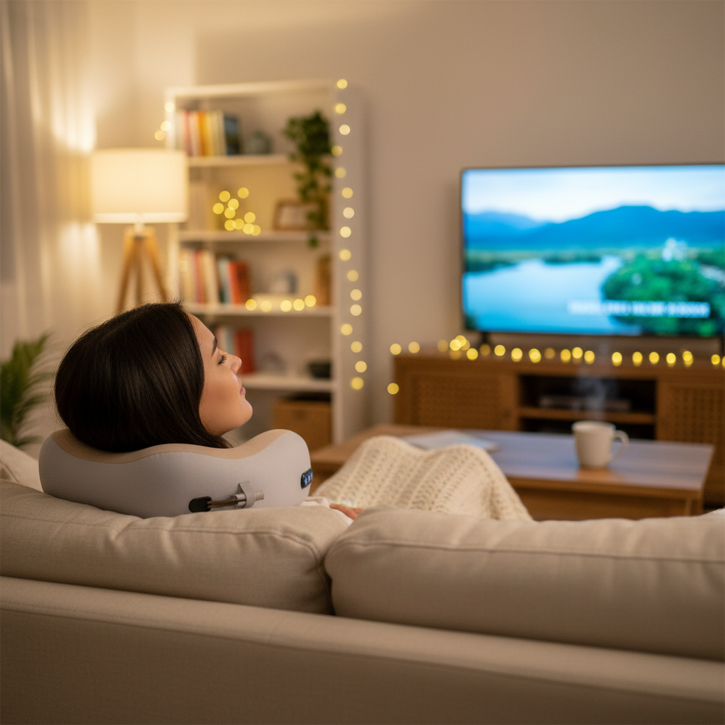 Person relaxing on a sofa wearing U-shaped pillow neck massager while watching TV at home