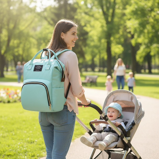 Young mother carrying multi-function mummy bag in a park with a stroller