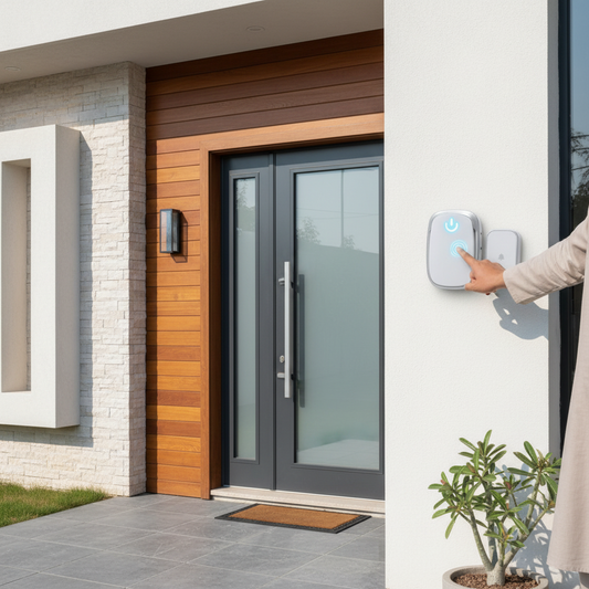 Luckarm wireless doorbell installed beside a modern home front door with a person pressing the button