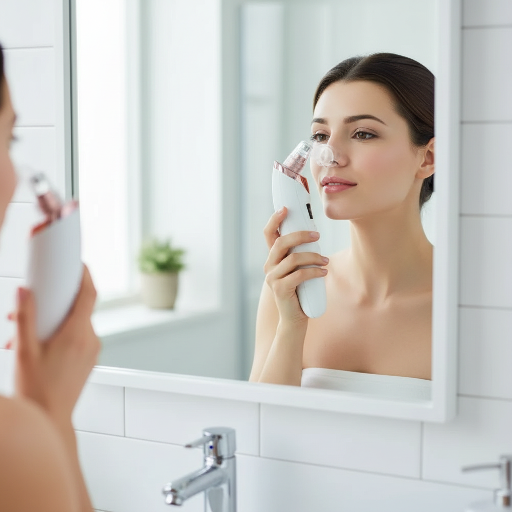 Woman using electric blackhead remover on her nose in front of a bright bathroom mirror