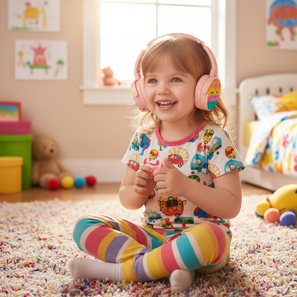 Happy young child wearing Pop It wireless headphones sitting on colorful bedroom floor listening to music