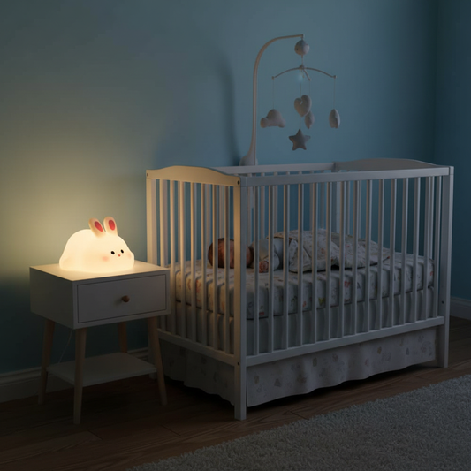 Silicone rabbit night lamp glowing softly on a baby's bedside table in a cozy nursery at night