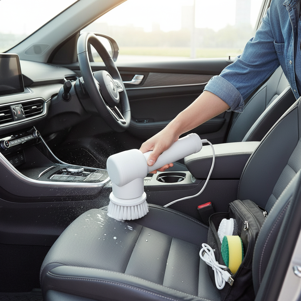 Person using 5-in-1 rechargeable magic brush to clean a car interior with brush attachment
