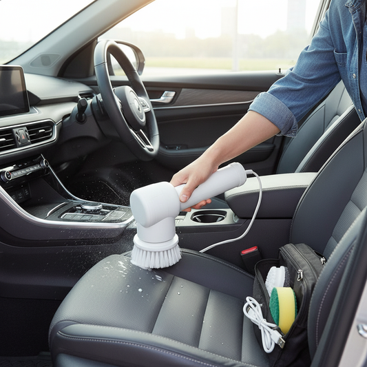 Person using 5-in-1 rechargeable magic brush to clean a car interior with brush attachment