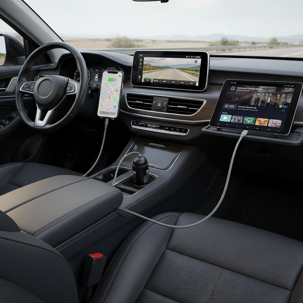 G-Golden 60W dual port car charger charging phone and tablet simultaneously on a road trip