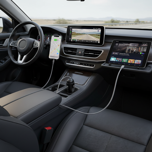 G-Golden 60W dual port car charger charging phone and tablet simultaneously on a road trip